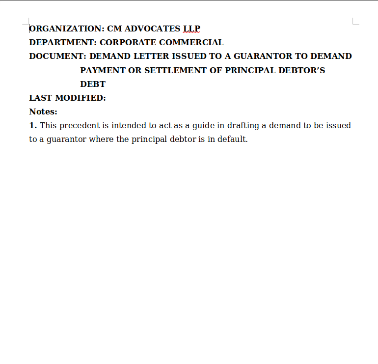 Demand Letter Issued to a Guarantor